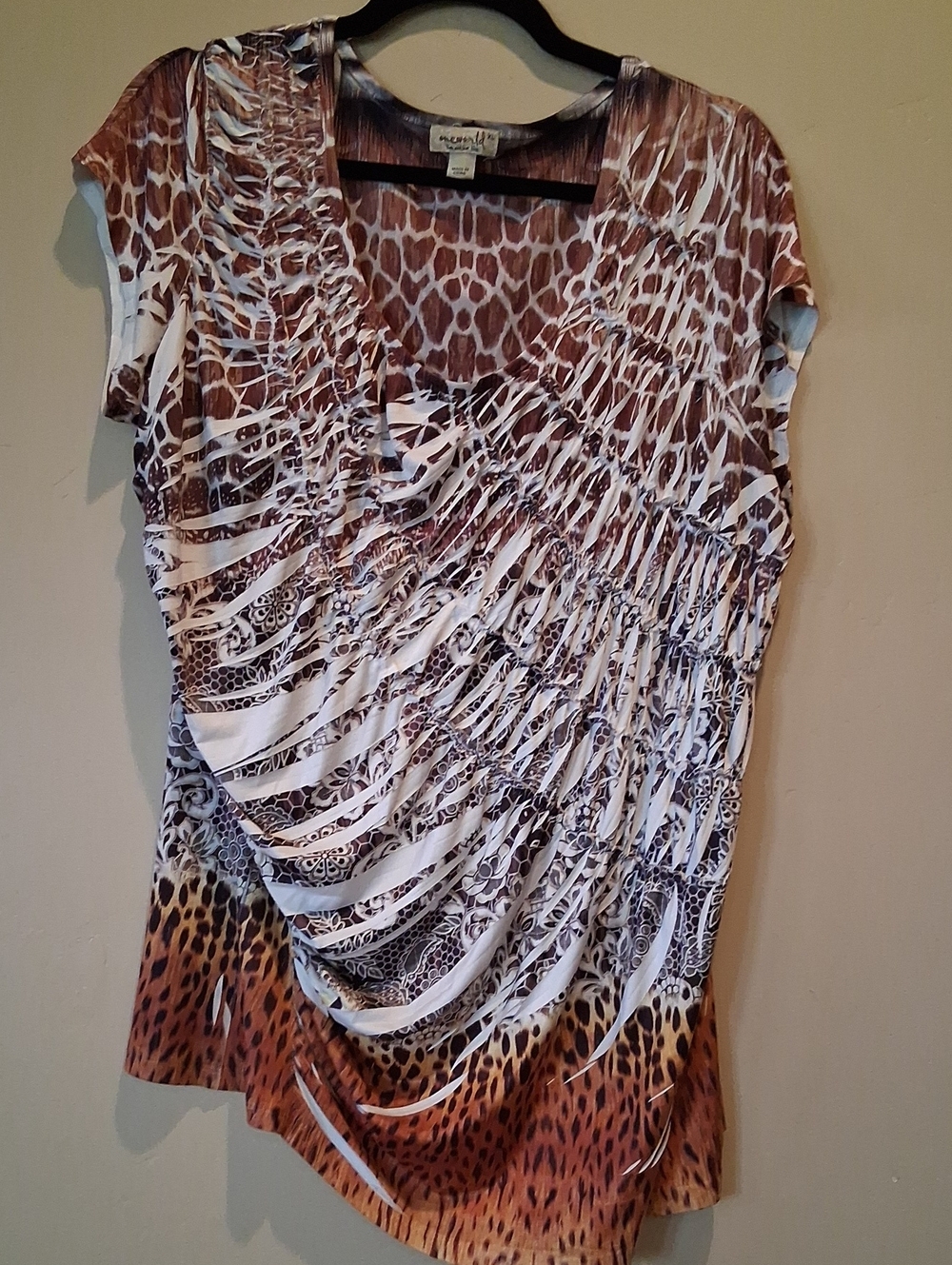 ONE WORLD Brown and Cream Animal-Print Ruched Short Sleeve Tunic